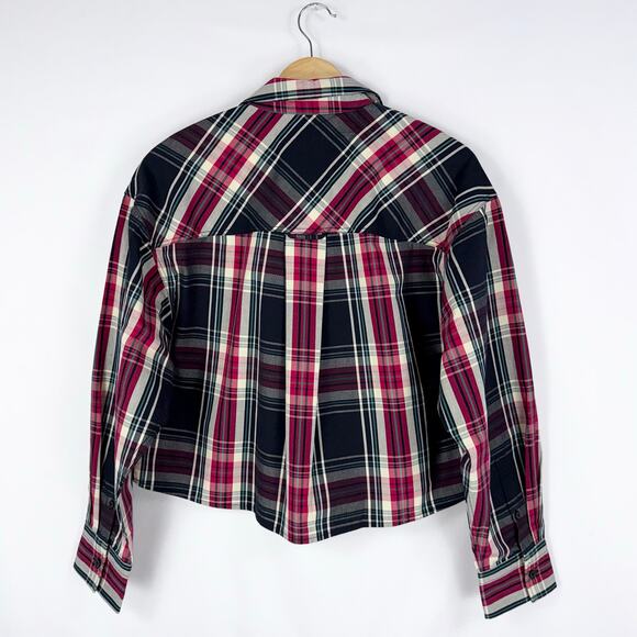 J Crew Cropped Tartan Plaid Button Down Shirt Women's Medium Black Red - Picture 9 of 15